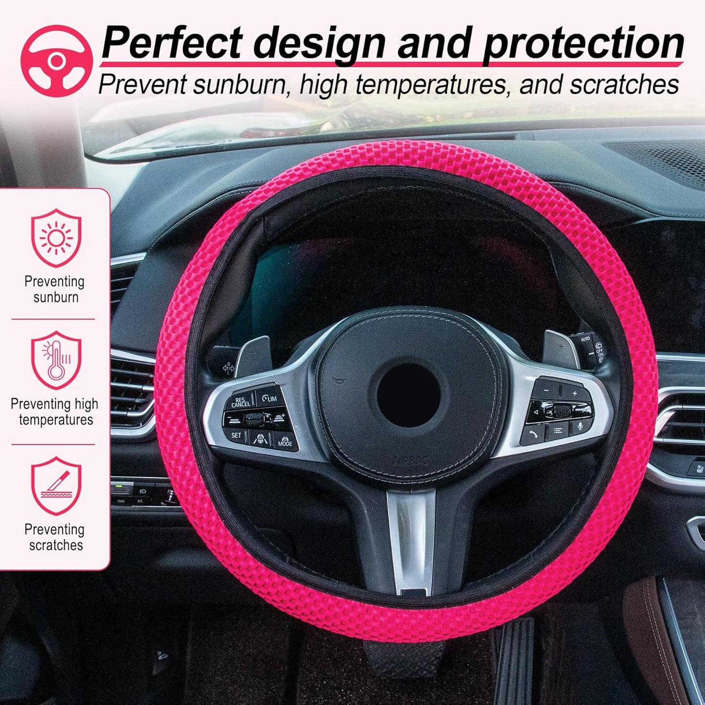 alpmosn Elastic Stretch Steering Wheel Cover, Universal Interior Accessories Steering Wheel Cover for Women & Men, Breathable Microfiber Ice Silk, Anti-Slip, Odorless, Easy Carry(Rose Red)