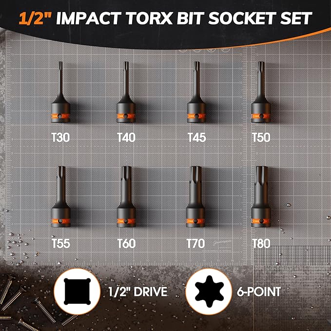 8-Piece 1/2” Drive Impact Torx Bit Socket Set, T30 T40 T45 T50 T55 T60 T70 T80, Cr-Mo Steel with Locking Pin Hole & Storage Case, Professional Grade for Automotive & Machinery Repair
