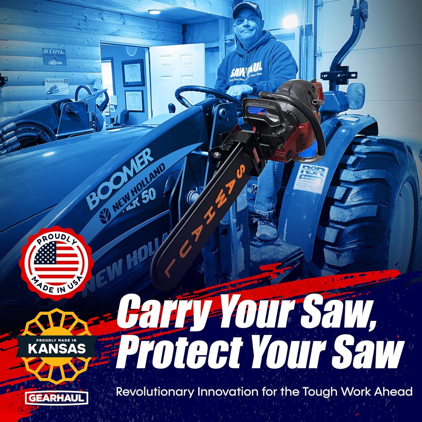 SawHaul Snap-Lok Universal Chainsaw Carrier Kit for Tractors and Skid Steers – 20 Inch Orange Scabbard with Rotating Mount – Compatible with All Chainsaw Brands – Made in USA