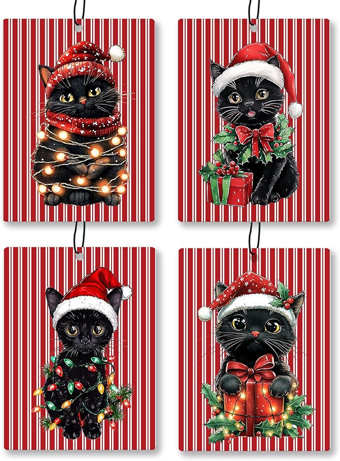 Christmas Black Cat Car Air Freshener 4 Pcs, Cute Black Kitten Xmas Hanging Scents Air Freshener for Women Girls Gifts, Cat Lover Gifts Scented Car Accessories Decor for Room Closet Drawer