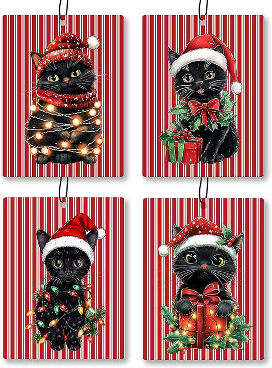 Christmas Black Cat Car Air Freshener 4 Pcs, Cute Black Kitten Xmas Hanging Scents Air Freshener for Women Girls Gifts, Cat Lover Gifts Scented Car Accessories Decor for Room Closet Drawer