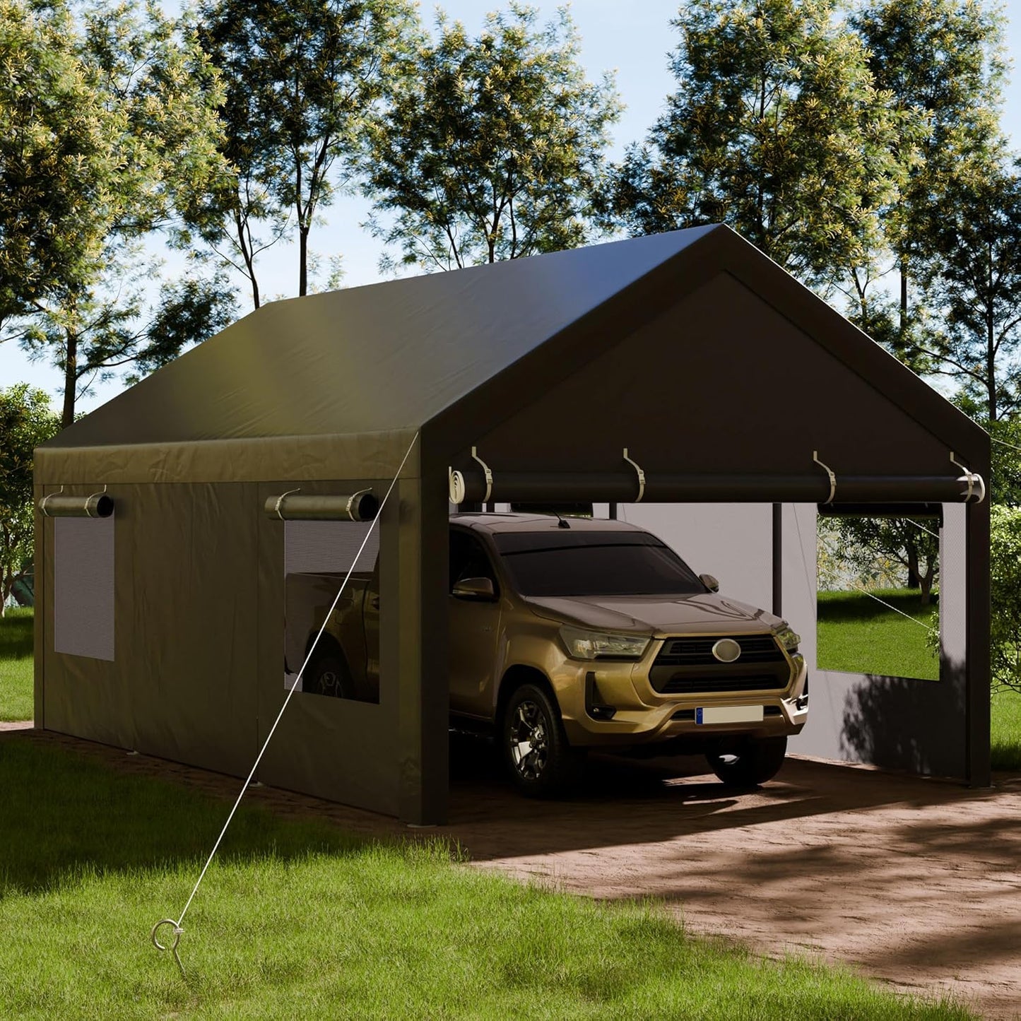 Shintenchi Carport 12' x 20' Heavy Duty Portable Garage, Car Port Canopy with Side-Opening Removable Door & Roll-Up Windows, Car Canopy for Truck,Car,Boat,Motorcycle,Grey