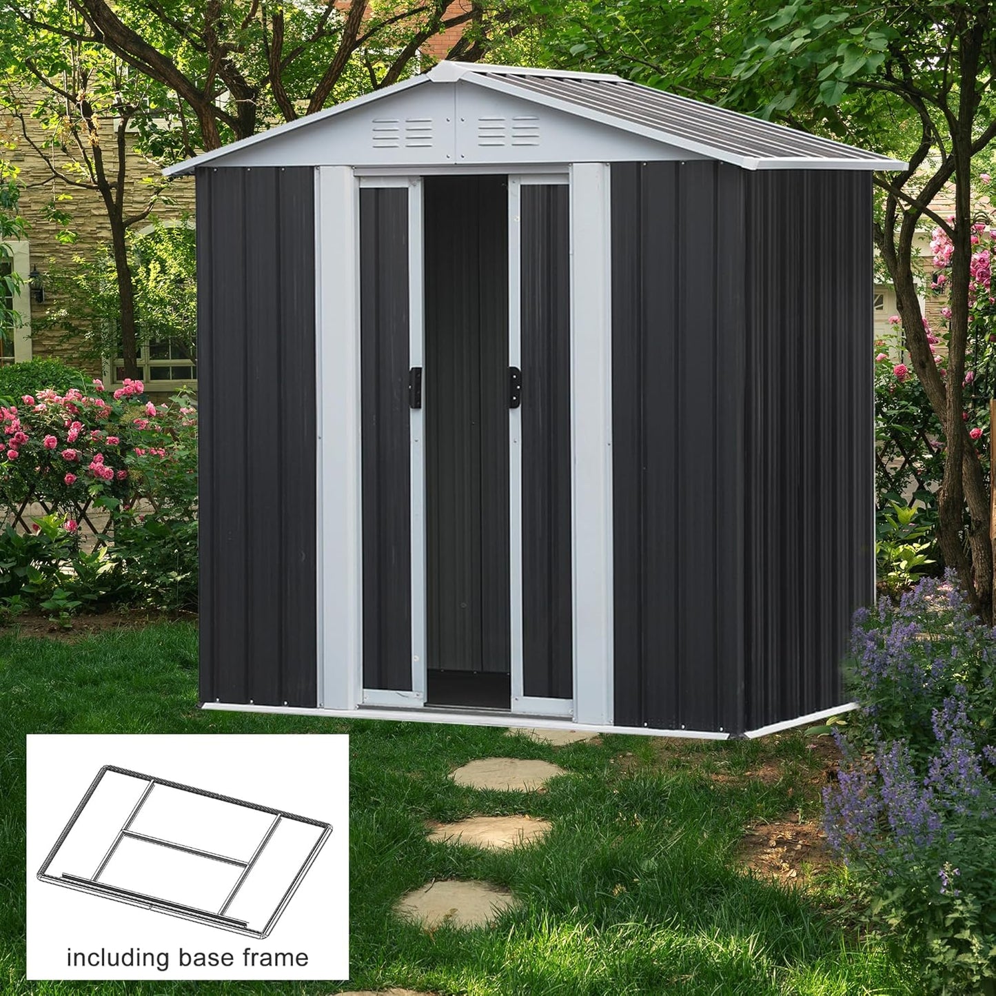 6x4 FT Outdoor Storage Shed, Metal Garden Shed with Frame Floor, Outside Tool Shed with Lockable Sliding Doors & 4 Air Vents, Waterproof Storage Building for Backyard, Patio, Lawn, Gray