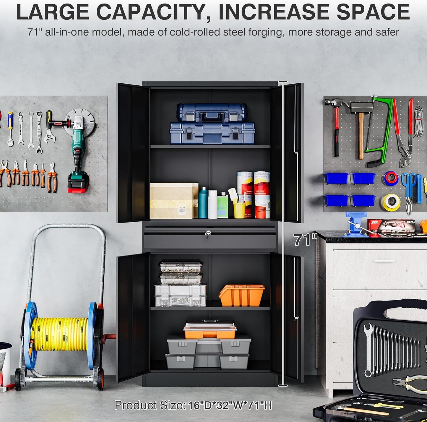 SISESOL Metal Garage Storage Cabinet with Drawer and Lock,Black Metal Storage Cabinet with Locking Doors and Adjustable Shelves,71" Tall Large Steel Tool Cabinets for Home,Office,Garage,Shop