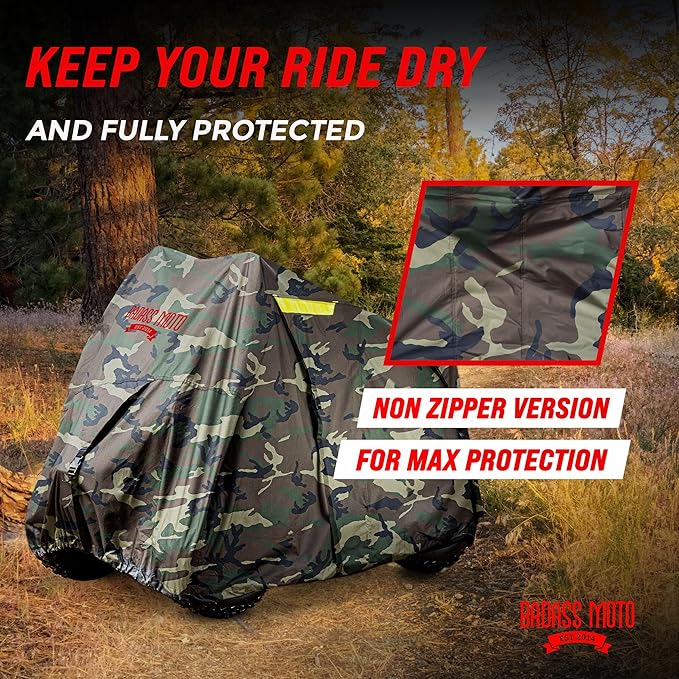 Badass Moto Camo 4 Wheeler Cover – ATV Cover Four Wheeler. Heavy-Duty, Triple-Waterproof Rip-Resistant, Night-Reflective Quad Cover w/Moisture Release Vents. No Zipper. Medium 85”, Camouflage