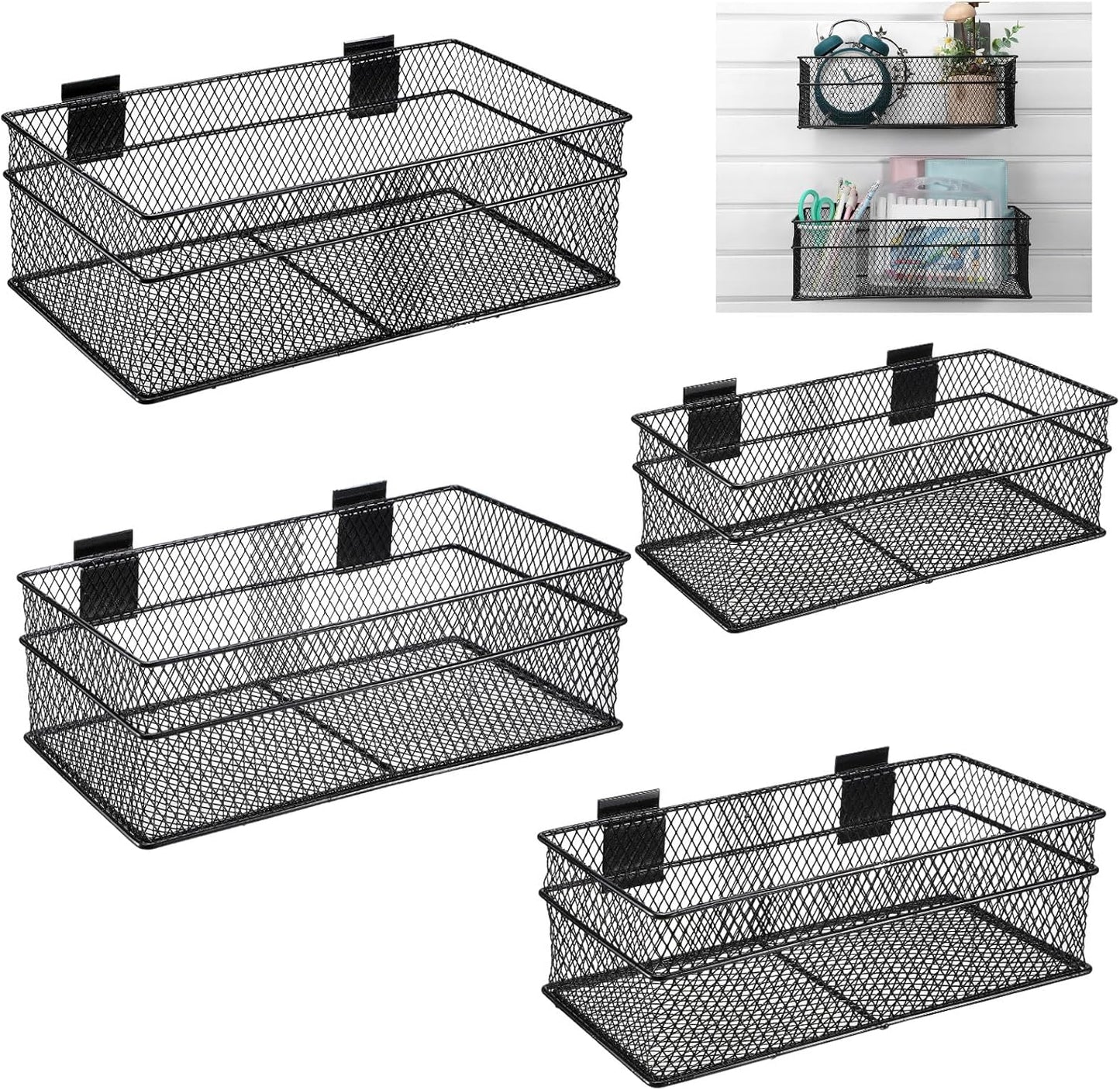 Barydat 4 Pcs Slatwall Basket Set Ventilated Metal Slatwall Basket Hanging Wire Bins Wall Mounted Accessories for Panel Garage Storage Display Organizing(Multi Size,Black)