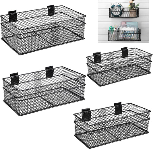 Barydat 4 Pcs Slatwall Basket Set Ventilated Metal Slatwall Basket Hanging Wire Bins Wall Mounted Accessories for Panel Garage Storage Display Organizing(Multi Size,Black)