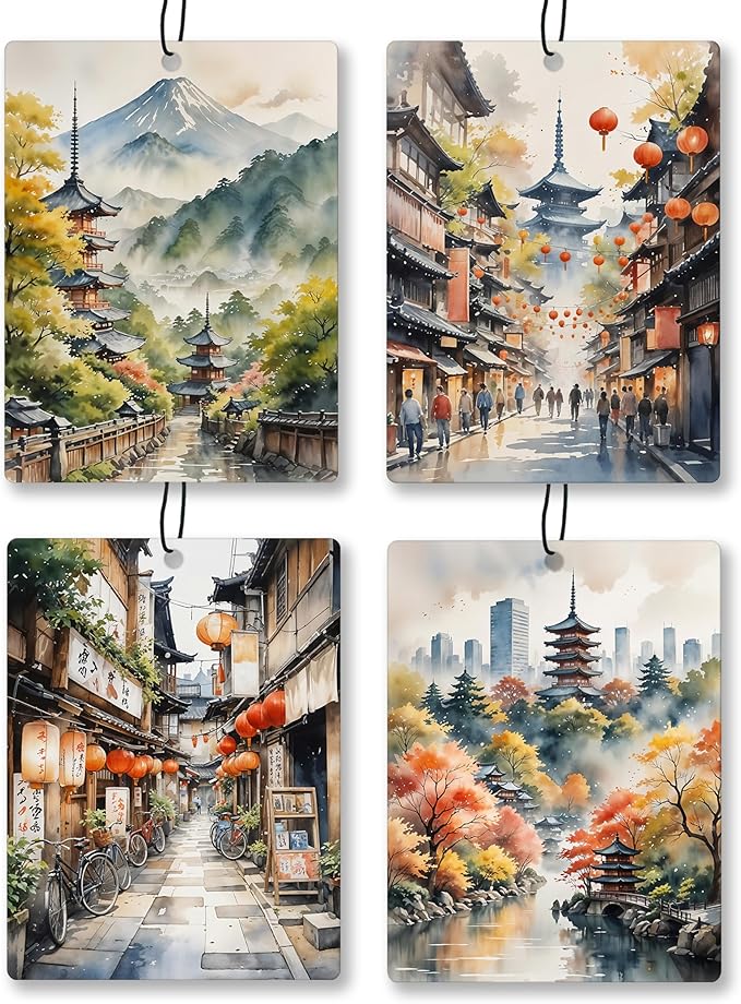 Vintage Japanese Landscape Car Air Freshener 4 Pcs, Watercolor Mountains Temple Hanging Scents Air Freshener for Women Men Gifts, Retro Scented Car Accessories Decor for Room Closet Drawer