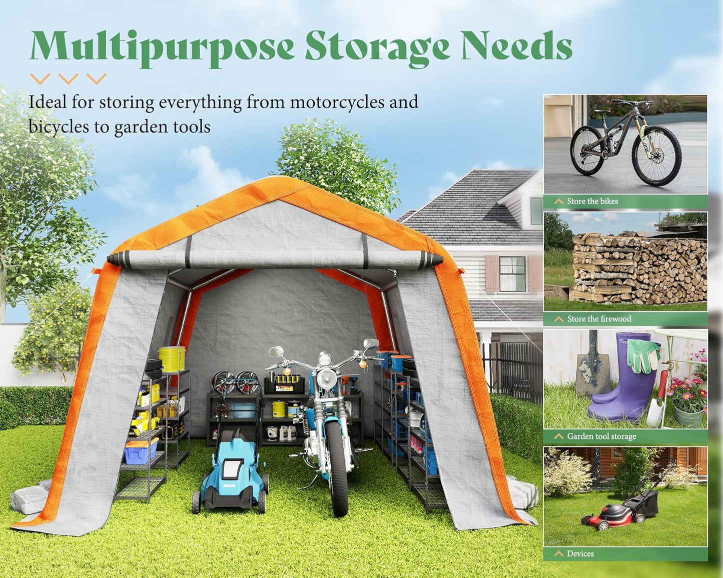 AMERLIFE 10.5x12x8 FT Heavy Duty Portable Shed Storage Shelter, Outdoor Storage Shed with 4 Waterproof Windows & Roll-up Zipper Door, Carport for Motorcycle, Bike, Grey