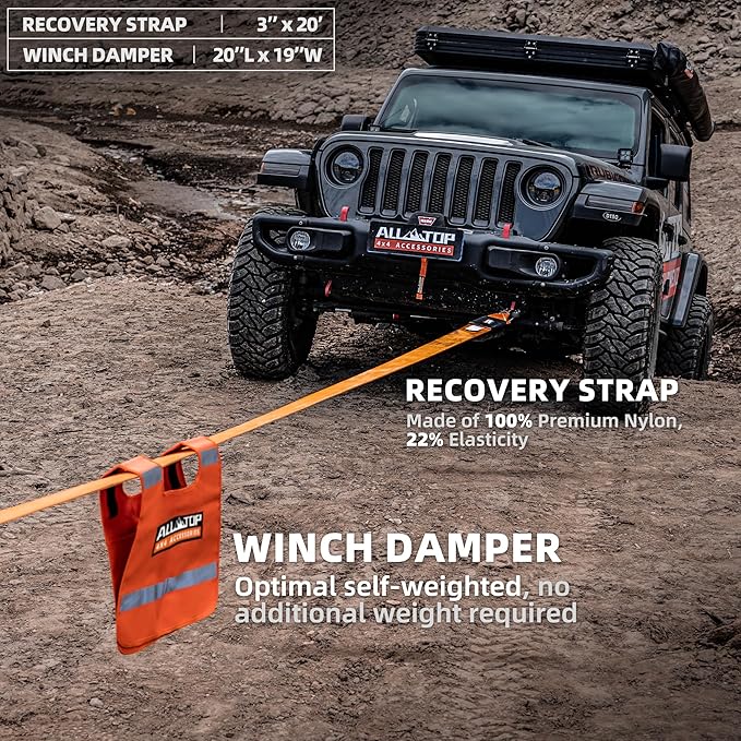 ALL-TOP Recovery Pack 7in1: Water-Resist Offroad Gear Bag with Tow Strap, Tree Saver, Extension Strap, Damper & 2 Soft Shackles