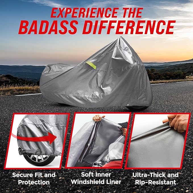 Badass Moto Ultimate Motorcycle Cover For Harley Davidson Street Glide Cover, All Season Harley Motorcycle Cover Waterproof Outdoor Storage Cover For Harley Davidson Bike Cover Road Glide. Gray, Large