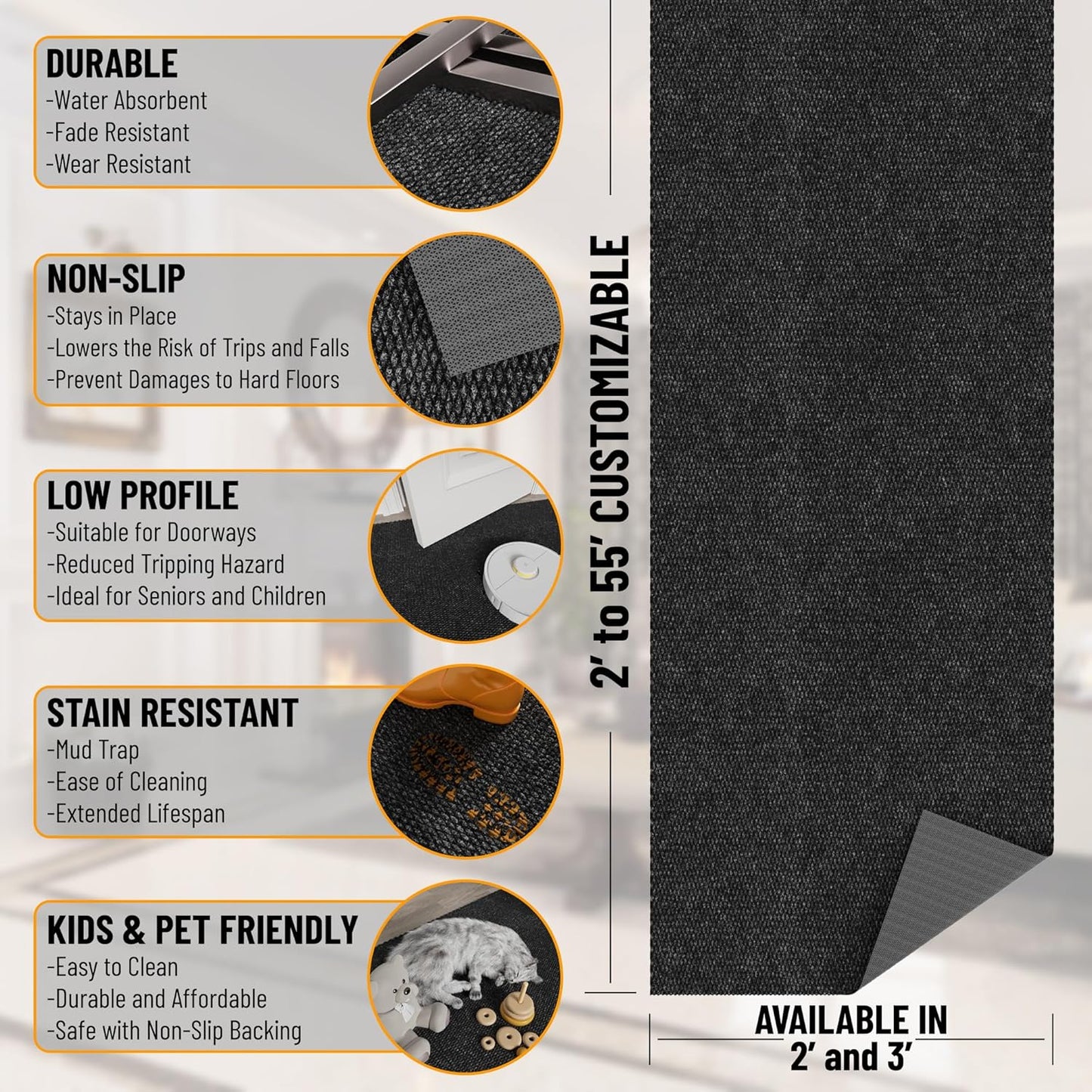 Ottomanson Mud Mat 2' x 2' Entryway Rug - Non-Slip Scraper Doormat for Muddy Paws, Dirt Trapping Indoor/Outdoor Mat for High-Traffic Areas, Kitchen, Garage, Patio, Black