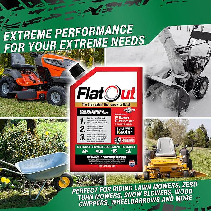 FlatOut Off-Road Tire Sealant, Outdoor Power Equipment Formula, Prevents Flat Tires, Fix a Flat Tire, Seals Leaks, Contains Kevlar, 32 Ounce Bag, 1-Pack