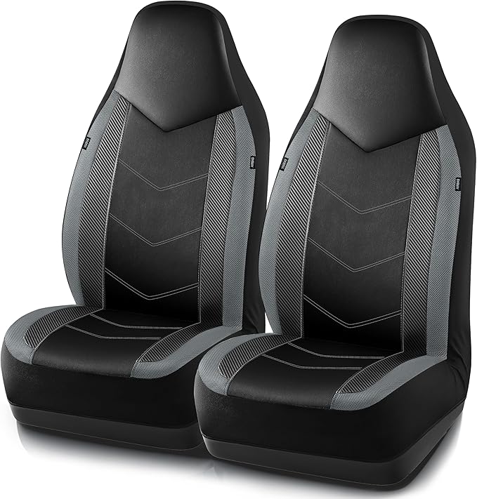 PIC AUTO Leather Car Seat Covers, Sports Carbon Fiber & Mesh Design, High-Back Two Front Set, Waterproof Automotive Seat Covers, Airbag Compatible, Universal Fit for Most Cars (Black & Gray)