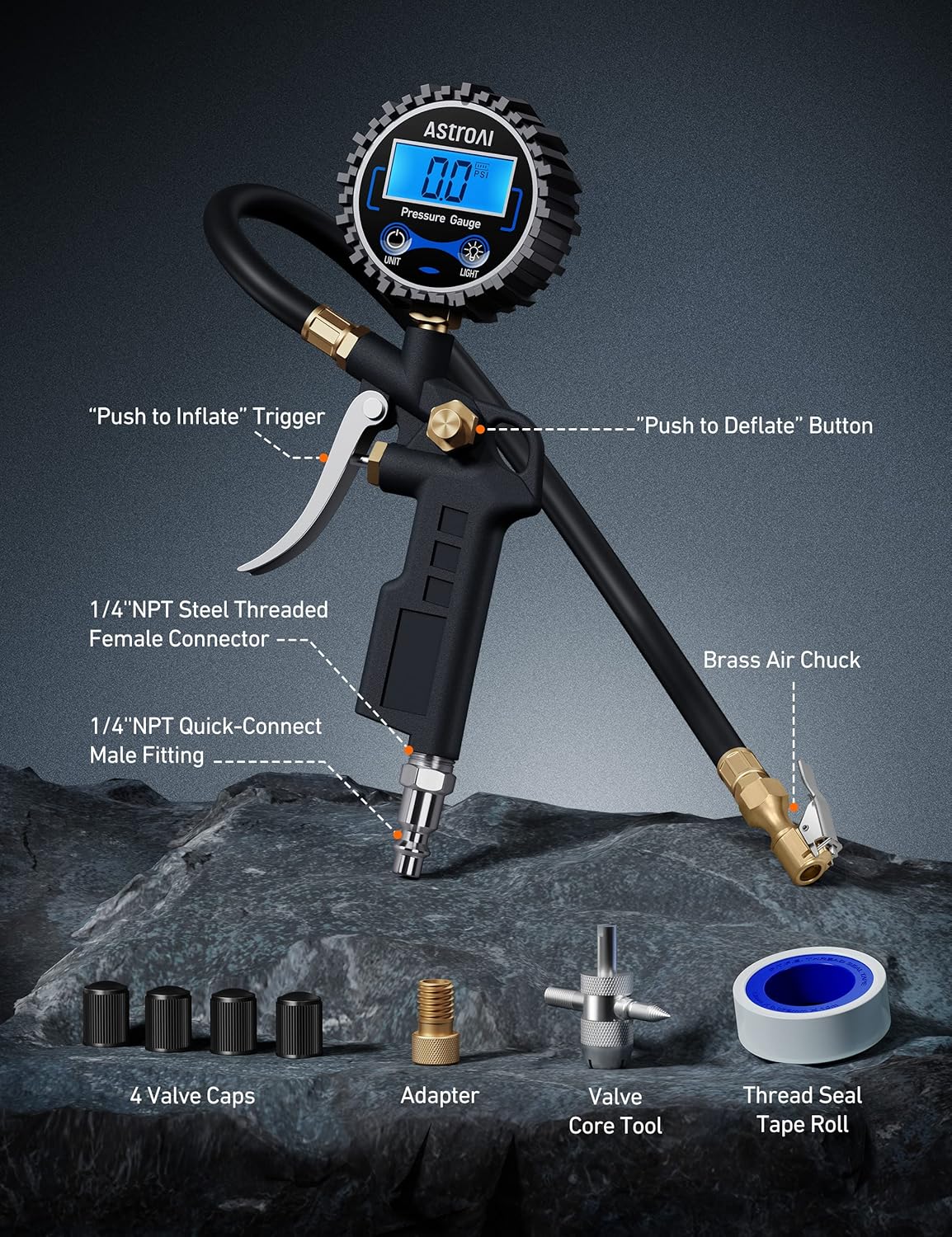 AstroAI Digital Tire Pressure Gauge with Inflator, 250 PSI Air Chuck & Compressor Accessories Heavy Duty with Quick Connect Coupler, 0.1 Display Resolution, Car Accessories, 2pack