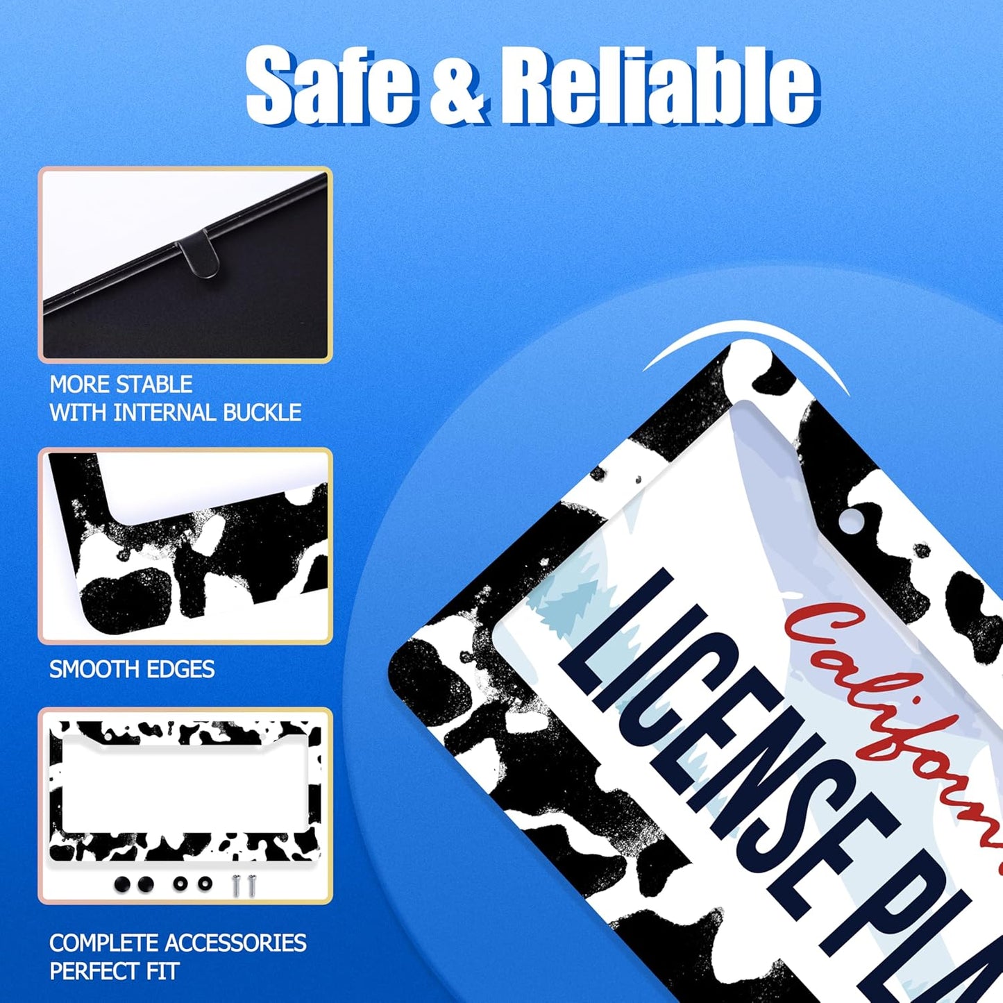 Black White Cows Texture License Plate Frame Animal Cowhide Print License Plate Stainless Steel Funny License Plate Holder Accessories Car Decoration with Screws Fits Standard Vehicles Size12.3 x6.3