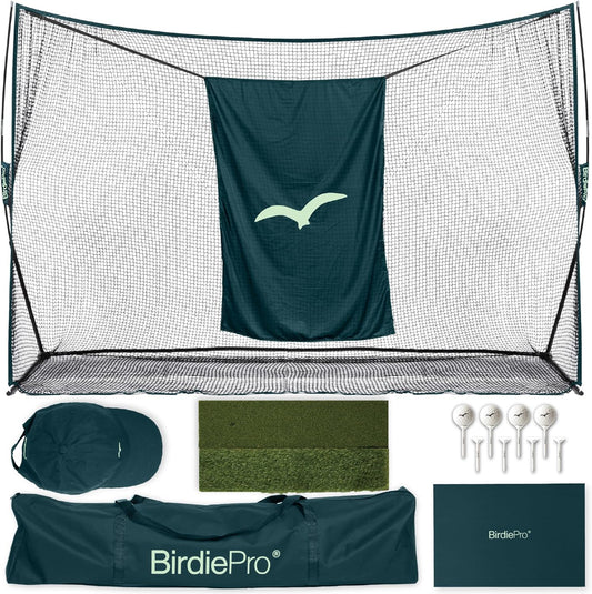 BirdiePro® - American Pro Golf Practice Net – 10x7ft Heavy Duty Golf Hitting Net with EchoShield™ Target & FlexWeave™ Net - Indoor Outdoor Training Backyard, Garage Complete Set with Mat, Balls & Cap