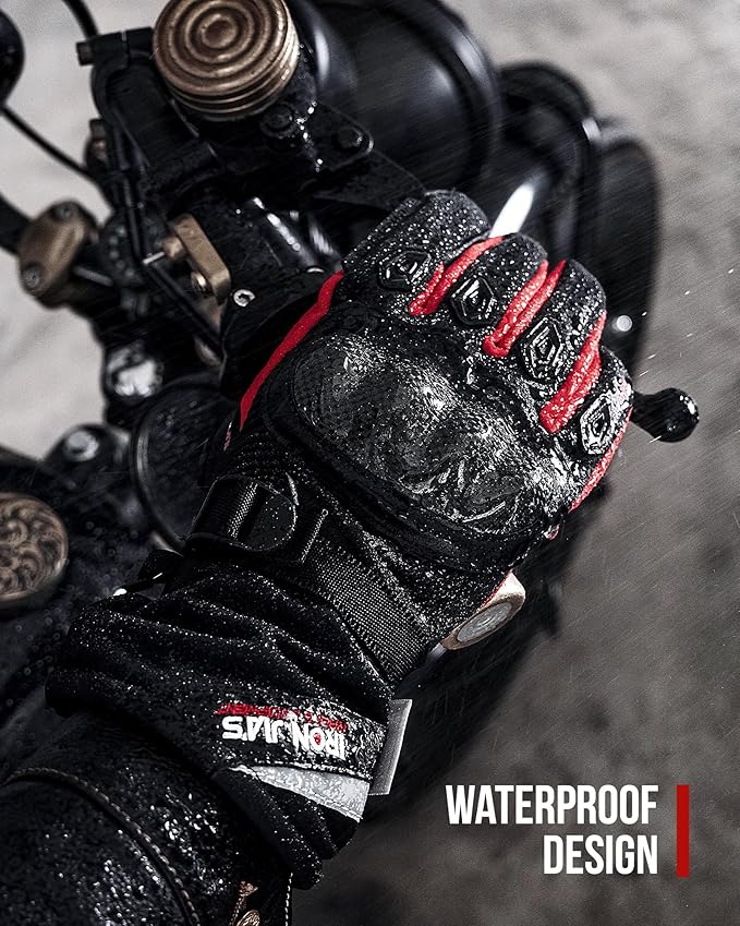 BORLENI Winter Motorcycle Gloves for Men, CE Level 1 KP Protection, Touchscreen Windproof Waterproof Warm Riding Gloves with Carbon Fiber Shell for Cold Weather