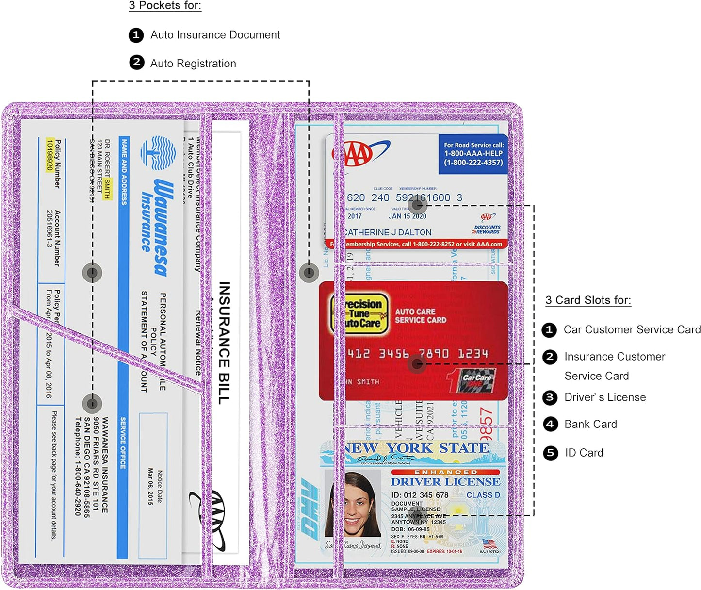 TOURSUIT Car Registration and Insurance Card Holder, Vehicle License Document Glove Box Compartment Organizer, Interior Car Accessories for Women Men Teens (Glitter Purple)