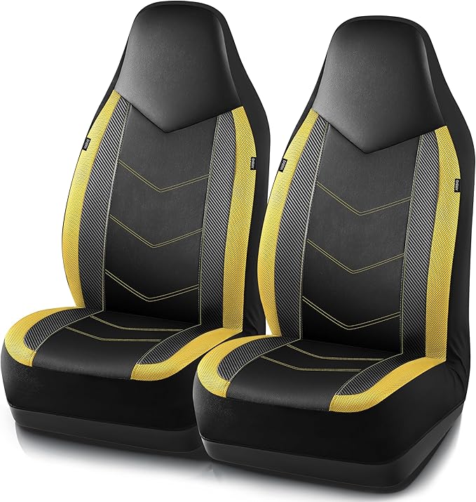 PIC AUTO Leather Car Seat Covers, Sports Carbon Fiber & Mesh Design, High-Back Two Front Set, Waterproof Automotive Seat Covers, Airbag Compatible, Universal Fit for Most Cars (Black & Yellow)