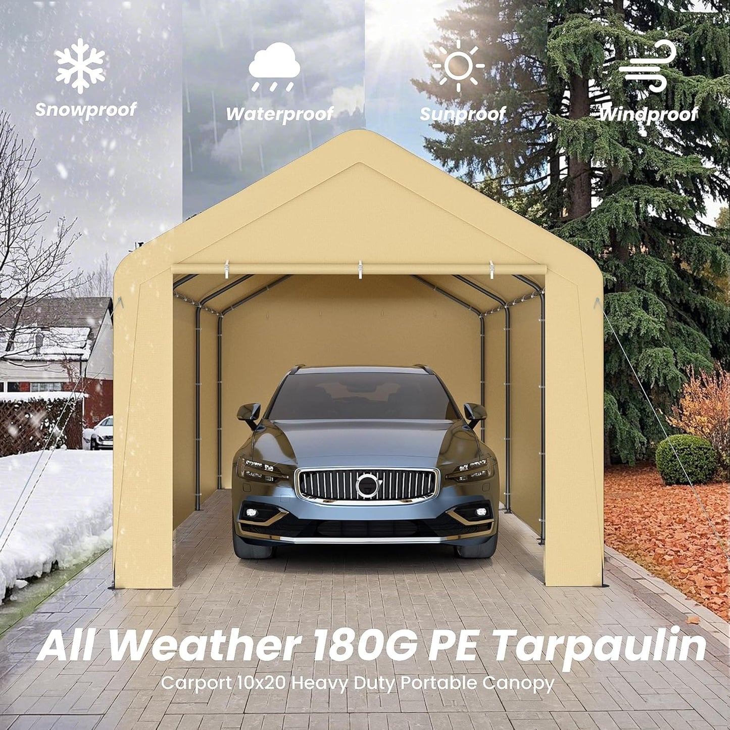 Carport 10x20 Heavy Duty Portable Garage w/Removable Sidewalls & Roll-Up Door Car Canopy Party Tents Waterproof UV Resistant All Weather Car Port for Trucks,Boats (Yellow)