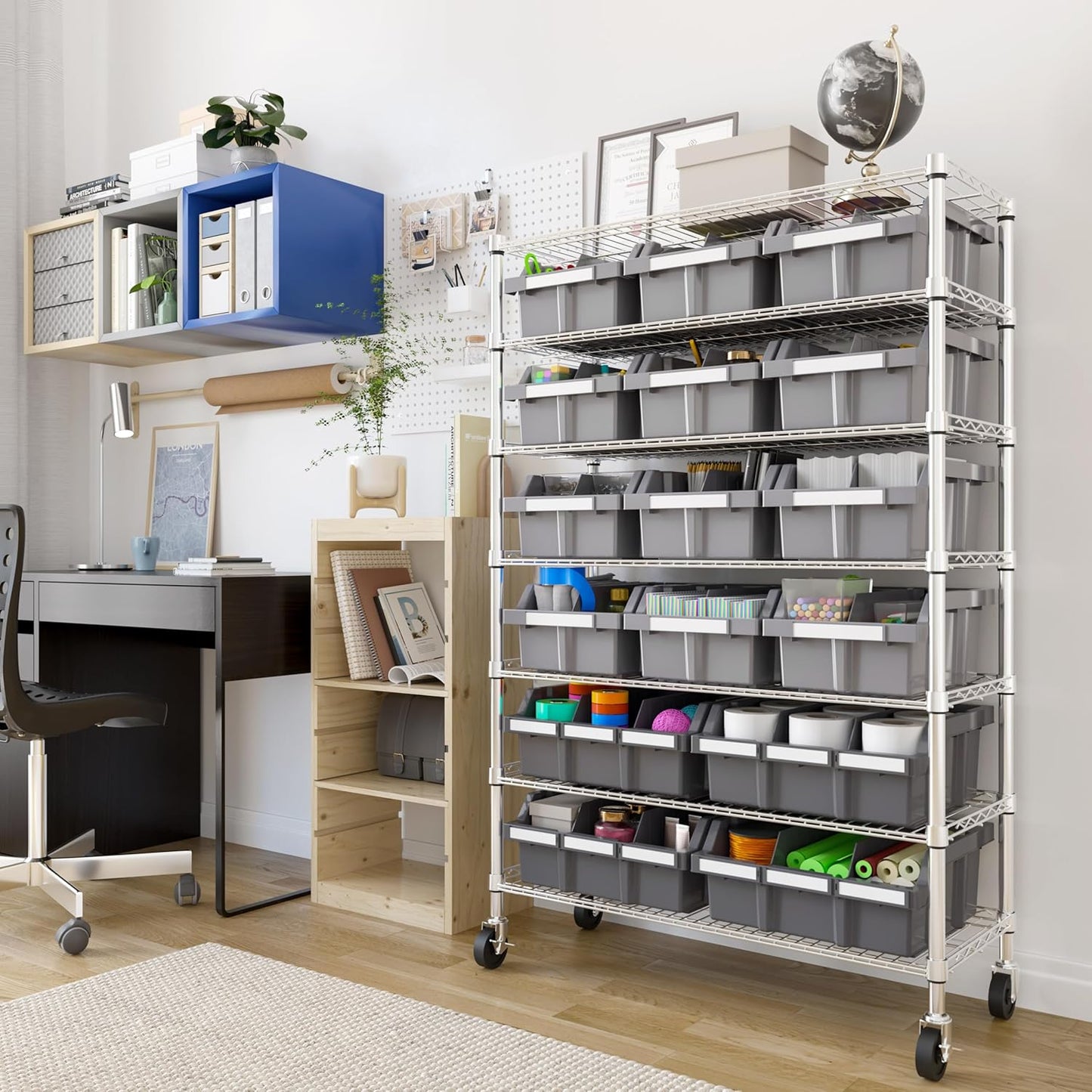 Seville Classics Heavy Duty NSF Bin Rack Solid Steel Wire Shelving Storage Unit, Patented Organizer for Garage, Warehouse, Office, Restaurant, Classroom, Kitchen, Gray, Includes 16 Bins