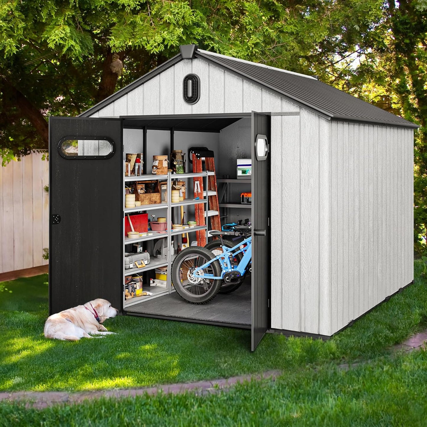 YITAHOME 8x10ft Outdoor Resin Storage Shed with Floor, 544 cuft Waterproof Garden Shed with Lockable Door, Windows & Vents, Plastic Tool Storage for Patio Furniture, Lawnmower, and Bike Storage, Gray