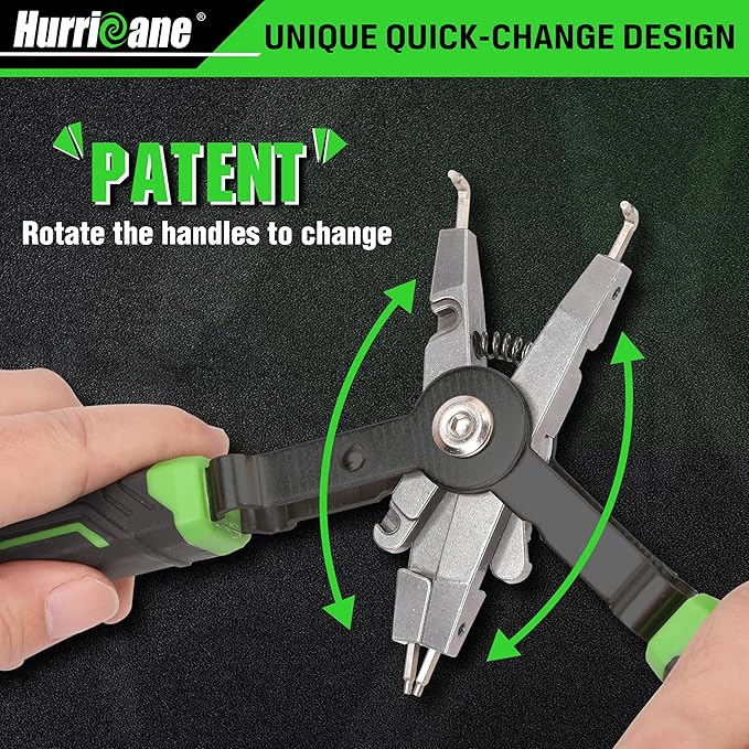HURRICANE 8" Quick Turn Snap Ring Pliers with Interchangeable Tips, Straight and 90° Curved Tips, HRC40-45 Hardness, Includes 4 Pairs of Tips for Precision Work, Ideal for Car Repair & Construction