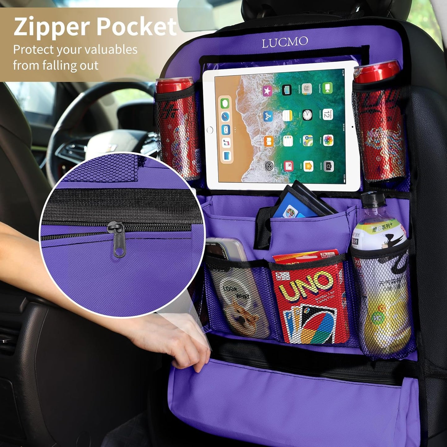 LUCMO Car Backseat Organizer with Touch Screen Tablet Holder-2 Pcs,9 Storage Pockets Car Storage Organizer Protectors Kick Mats Travel Accessories for Kids-Purple