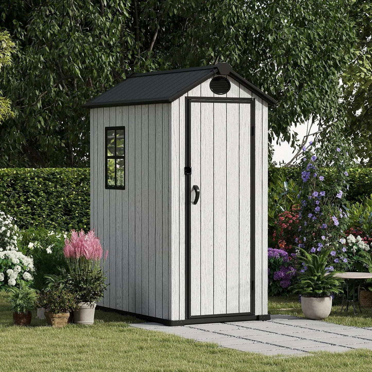 3.4x5.3 FT Resin Outdoor Storage Shed, 125 Cuft Garden Tool Sheds & Outdoor Storage Plastic Shed with Floor, 7FT Tall Backyard Outside Lawn Mower Storage Shed with Side Window, Cemented Grey