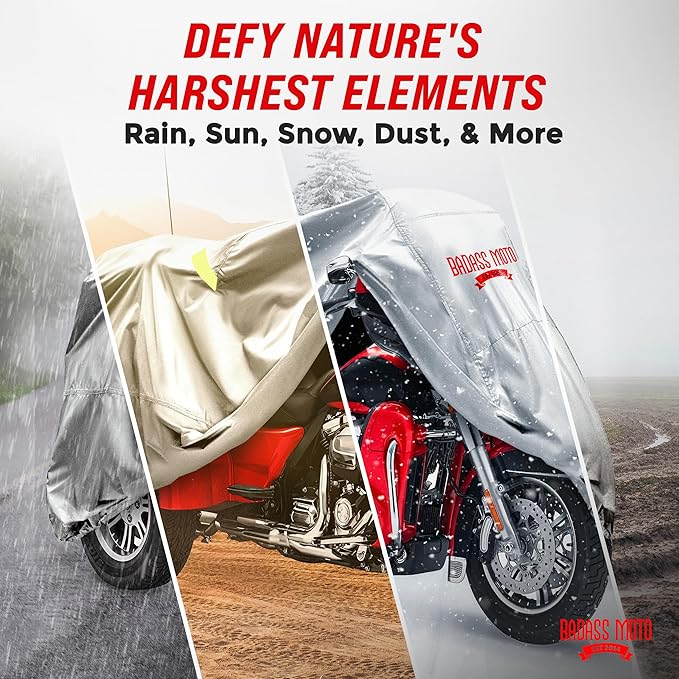 Badass Moto Ultimate for Harley Trike Cover Waterproof Motorcycle Cover - Heavy Duty Motorcycle Cover Fits Harley Davidson Tri Glide Accessories, Durable All Season Vented Sun Cover - Light Gray