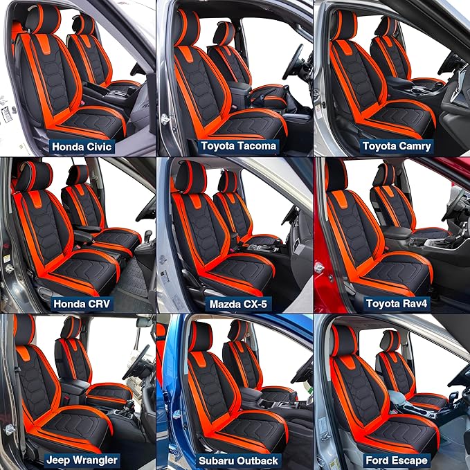 OASIS AUTO Car Seat Covers Front Seats, Waterproof Faux Leather Seat Covers for Cars Universal Fit for SUV, Truck, Sedan, Black Premium Car Seat Protector with Cushions (OS-004 Black&Orange)
