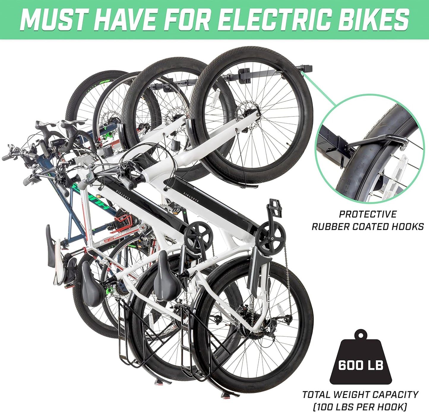 GoSports 6 ft Wall Mounted Bike Rack for Garage - Vertical Storage for 4 to 6 Bicycles