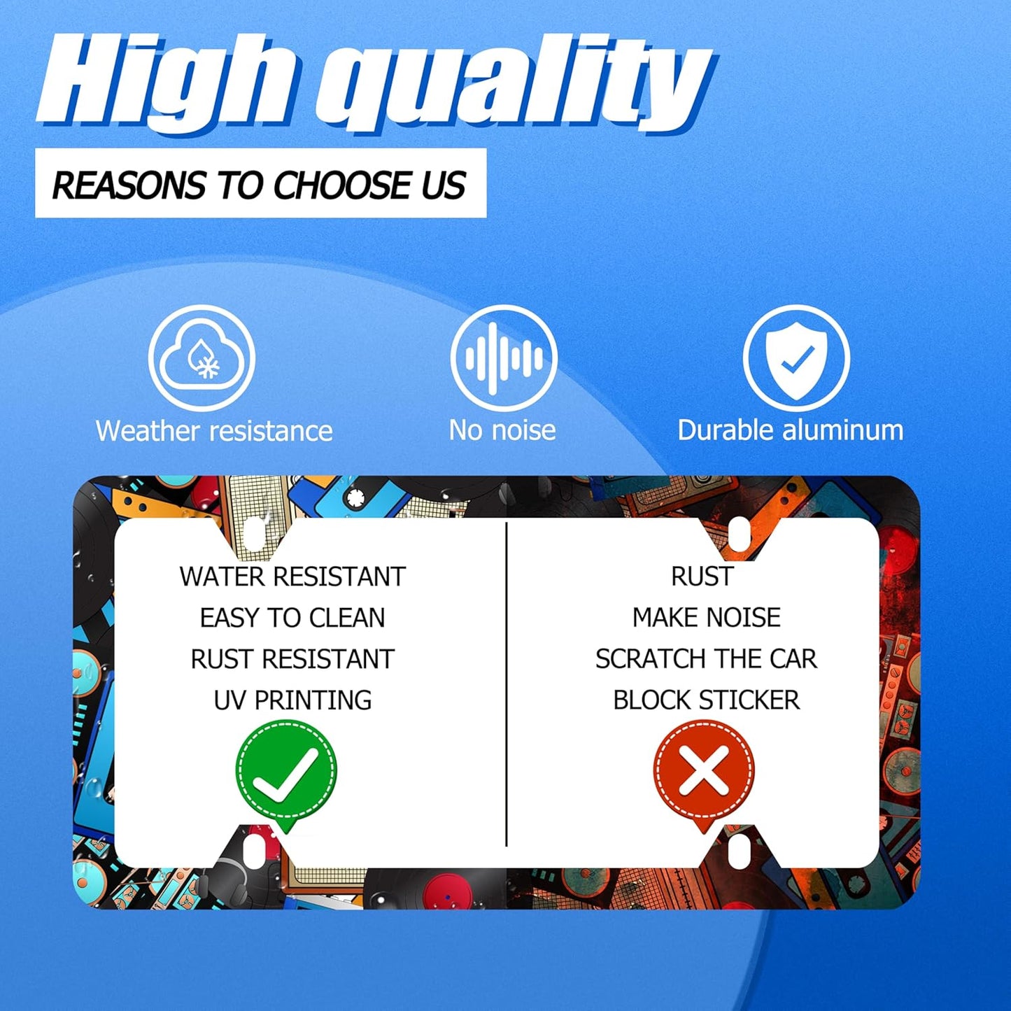 Music License Plate Frame Retro Music Cassettes License Plate Stainless Steel Funny License Plate Holder Men Women Colorful Music Car Accessory Decoration 12.3" x 6.3"