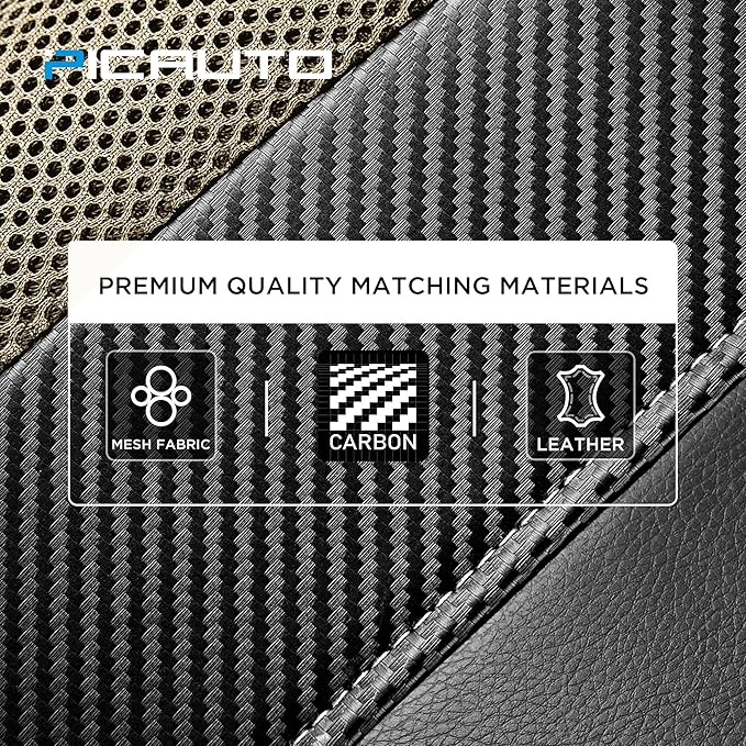 PIC AUTO Leather Car Seat Covers, Sports Carbon Fiber & Mesh Design, High-Back Full Set, Waterproof Automotive Seat Covers, Airbag Compatible, Universal Fit for Cars, SUVs, Trucks (Black & Beige)