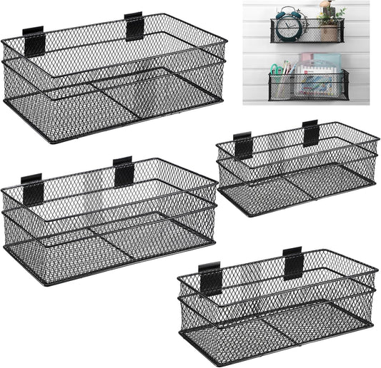 Barydat 4 Pcs Slatwall Basket Set Ventilated Metal Slatwall Basket Hanging Wire Bins Wall Mounted Accessories for Panel Garage Storage Display Organizing(Big Size,Black)