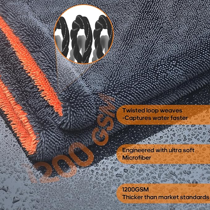 PBHEPJ 2-Pack XXL (48"x 24") Microfiber Car Drying Towel, Double-Sided Car Cleaning Towel with Twisting Yarn Technique, 1200GSM Super Absorbent, Scratch-Free, Machine Washable