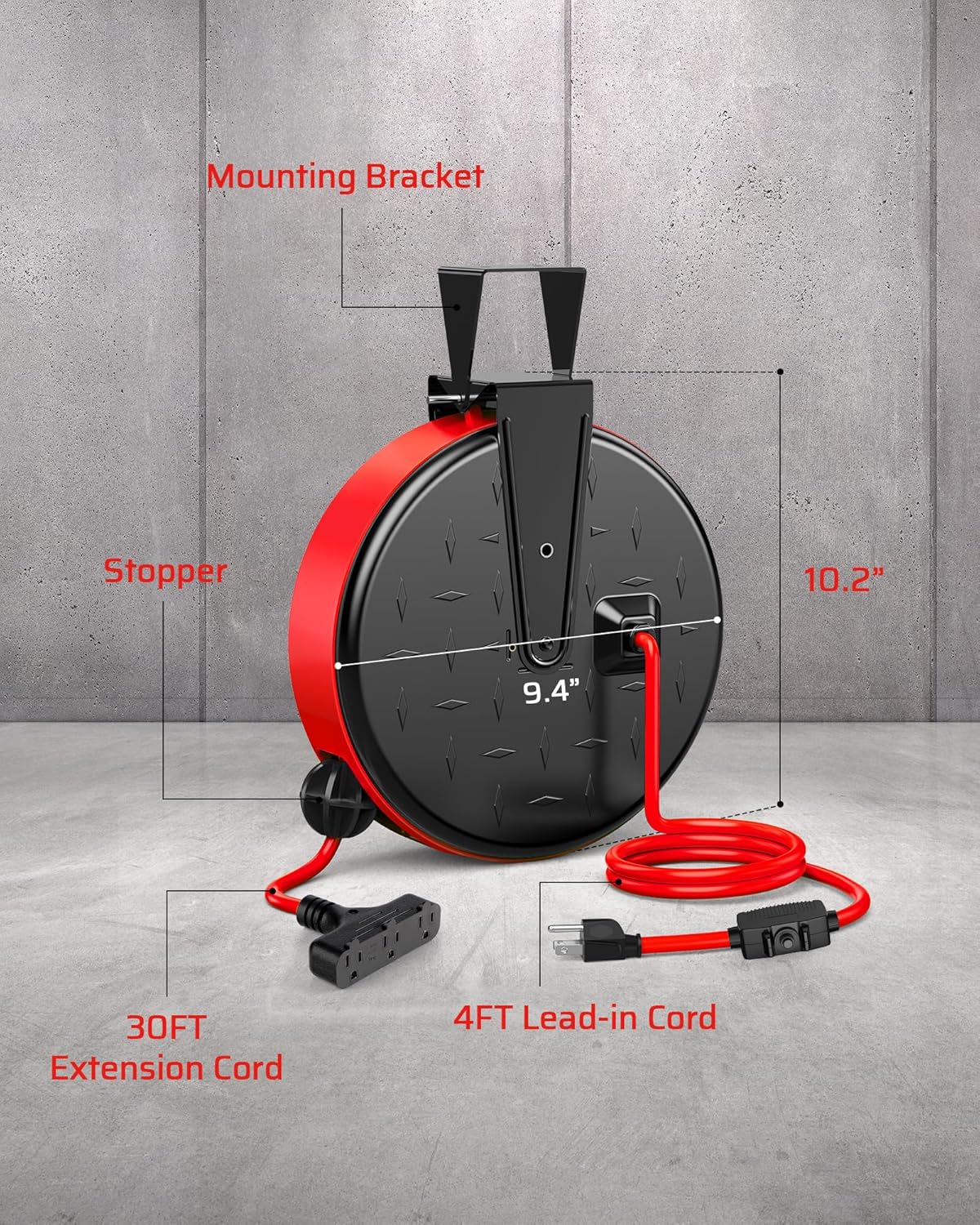 DEWENWILS 30FT Extension Cord Reel, 16/3 Gauge SJTW Power Cord, Retractable Cord Reel with 3 Outlets, Ceiling/Wall Mount for Garage, Workshop, 10A Circuit Breaker, Metal Plate, UL Listed, Red