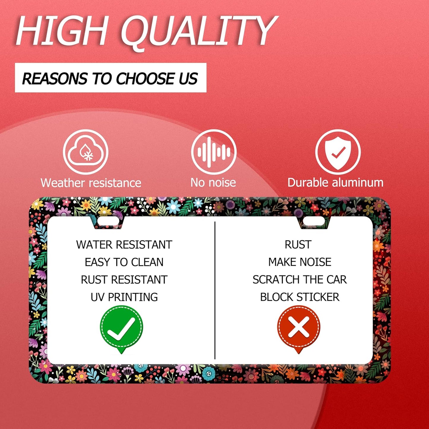 Colorful Flowers License Plate Frame Funny Floral License Plate Frames Stainless Steel Accessories Cars Decor with 2 Holes and Screws Fits Standard Us Ca Vehicles License Plate Holder 12.2 X 6 Inch