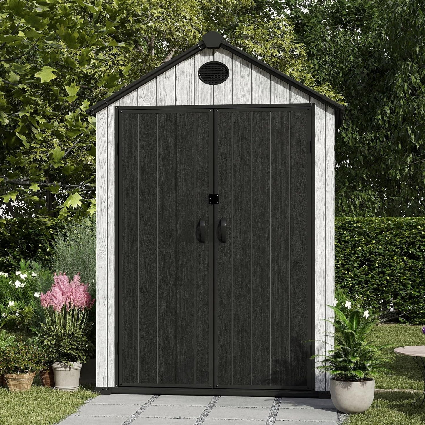 5.3x3.4 FT Resin Outdoor Storage Shed, 135 Cuft Garden Tool Sheds & Outdoor Storage Plastic Shed with Floor, 7FT Tall Outside Lawn Mower Storage Shed with Side Window, Cemented Grey Black