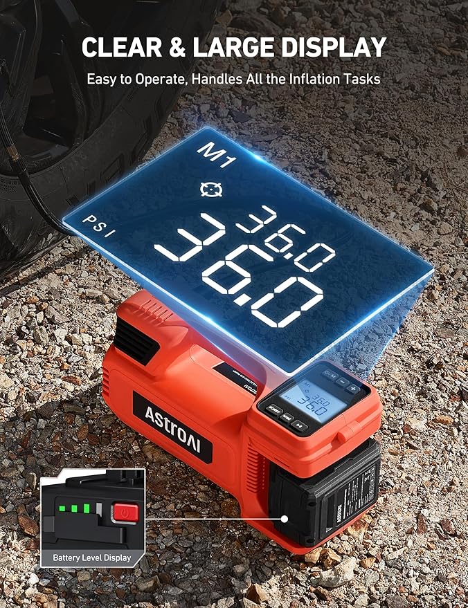 AstroAI TC4 Portable Air Compressor Tire Inflator, 470W 18V Cordless Air Pump for Truck Tires with 4000mAh Battery, 150PSI Heavy Duty Air Compressor with Digital Display for Car, RVs, SUV Gift Red