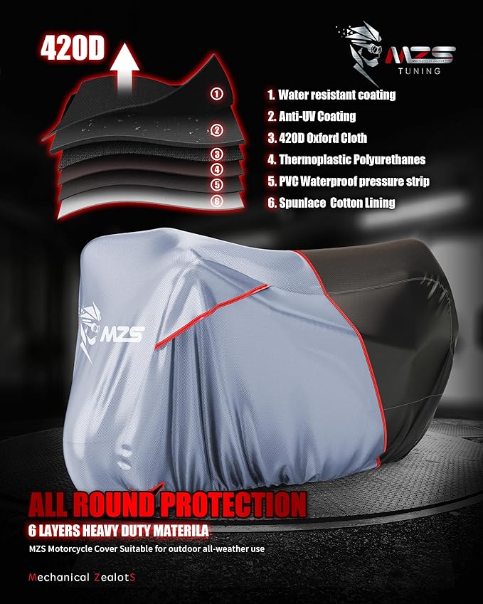 MZS Motorcycle Cover Waterproof Outdoor, Heavy Duty All Season Weather Sun Protection with Storage Bag Vents Night Reflective Cotton Lining Lock Holes fits up to 86" Motorbikes Vehicle Covers