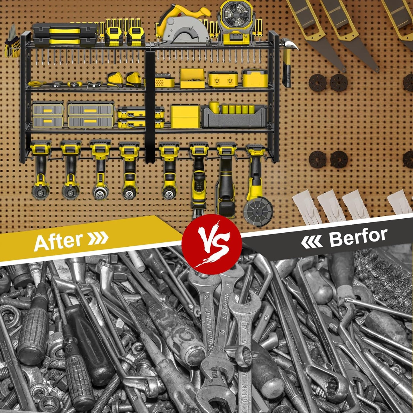 Metal Power Tool Organizer,Space-Saving Wall-Mounted Power Tool Rack,Holds 8 Drills + 4-Tier Storage,Durable Steel Construction for Garage, Workshop and Shed Organization