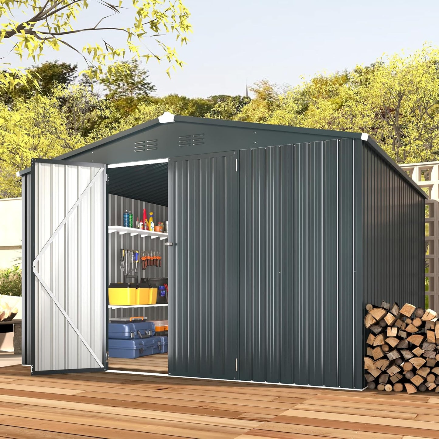 U-MAX Shed 10x10 Outdoor Storage - Large Metal Garden Sheds, Lockable for Backyard & Patio Use in Dark Grey