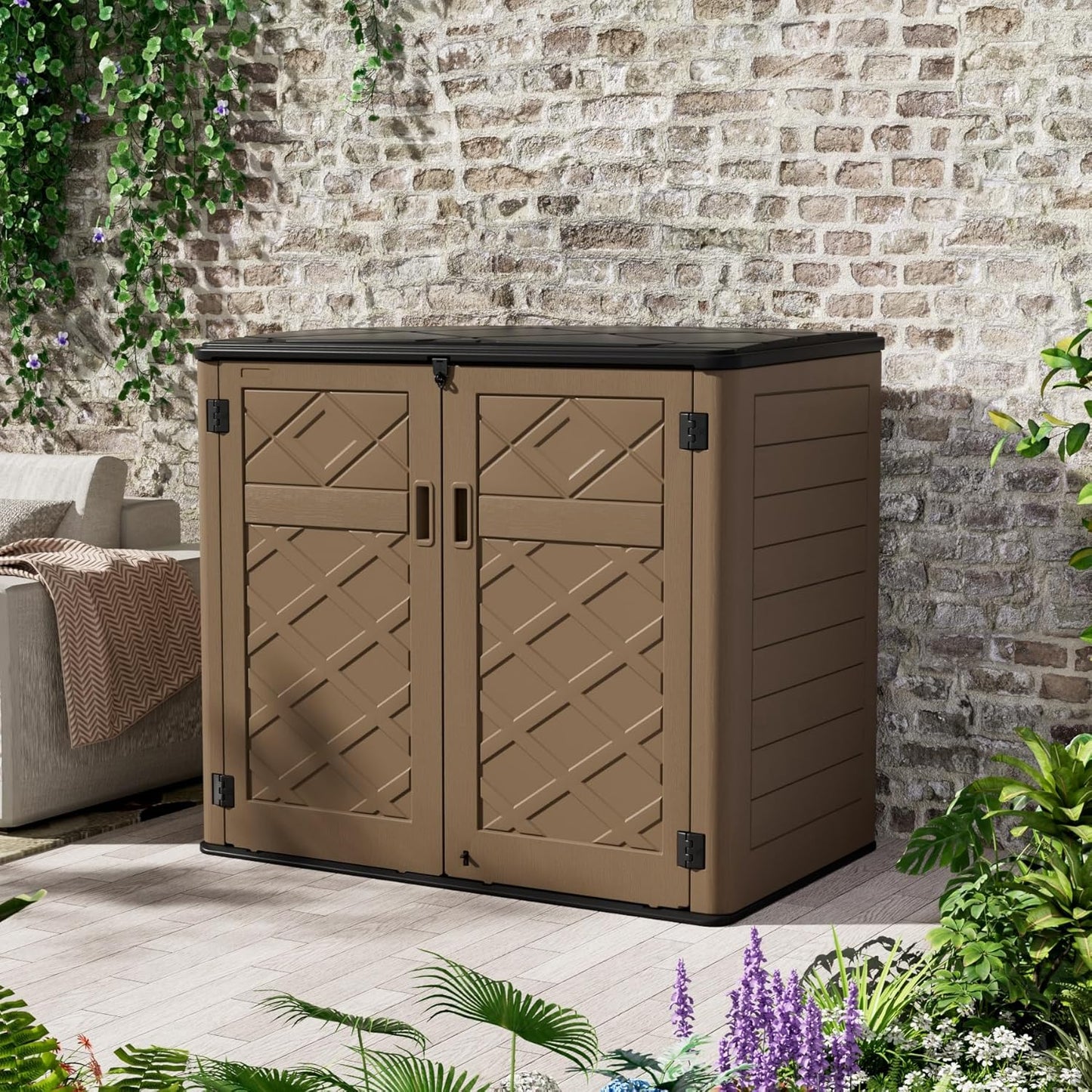 Resin Outdoor Storage Shed, Outdoor Storage Box Waterproof for Garden Tools, Patio Furniture, Trash Cans, Garage Storage, Lockable