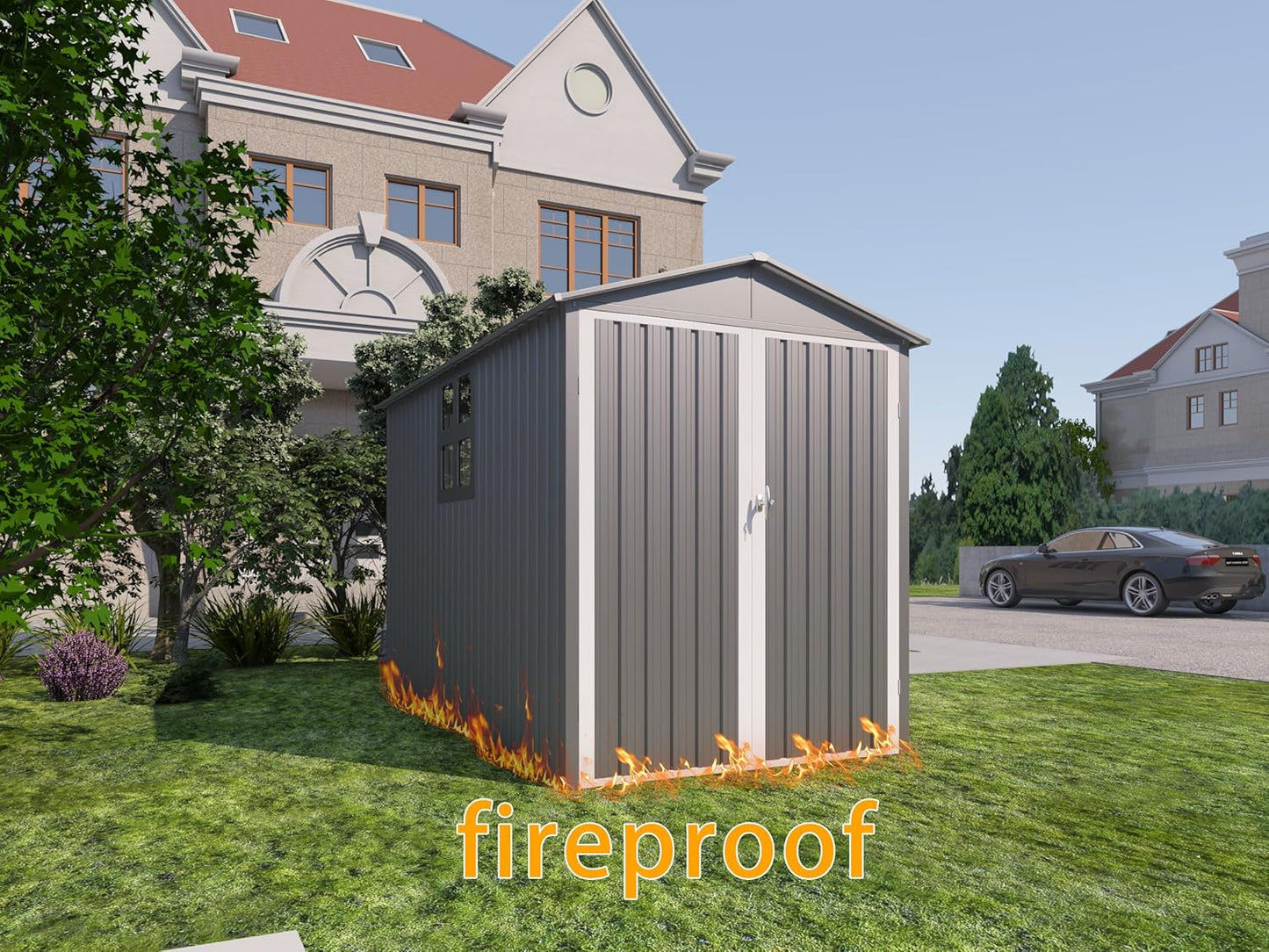 Motorcycle Steel Storage Shed with Window & Tracks,Outdoor Weather-Resistant Storage Box for Bikes, Tools, Sports Equipment,Easy Assembly, 121" W Gray+White