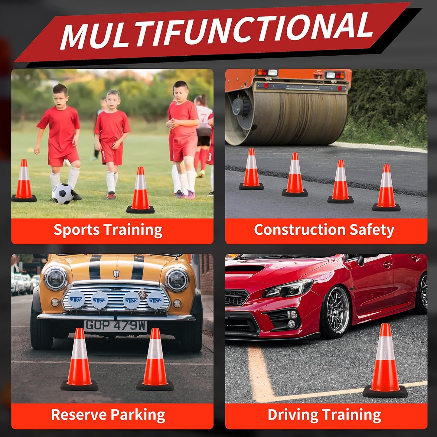 Traffic Cones 18 inch 6 Pack Heavy Duty Safety Cones Orange with Reflective Collars Fit Parking Lot,Driveway Road Traffic Control Construction Sport Cones