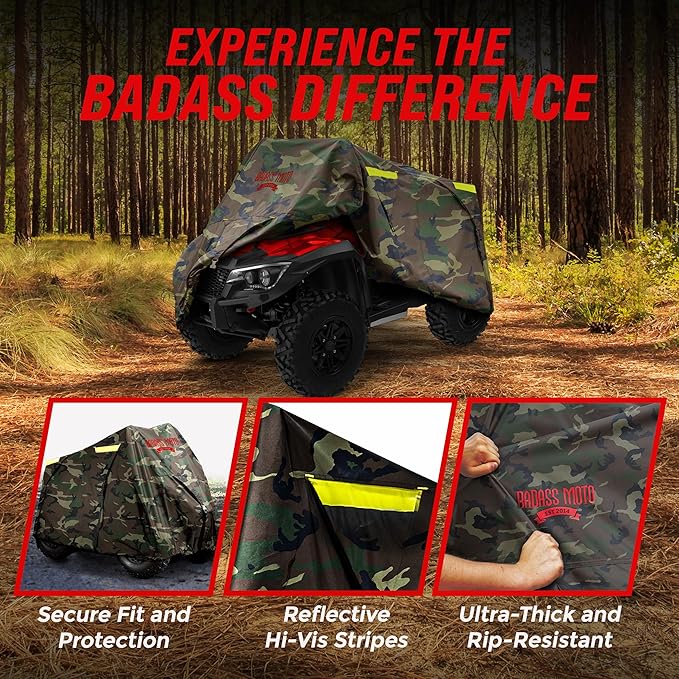 Badass Moto Camo ATV Covers Waterproof Outdoor Heavy Duty, Rip-Resistant, Night-Reflective Quad Cover w/Advanced Waterproofing, Easy-Access Zipper and Vents Four Wheeler Accessories - Camo Large 95"