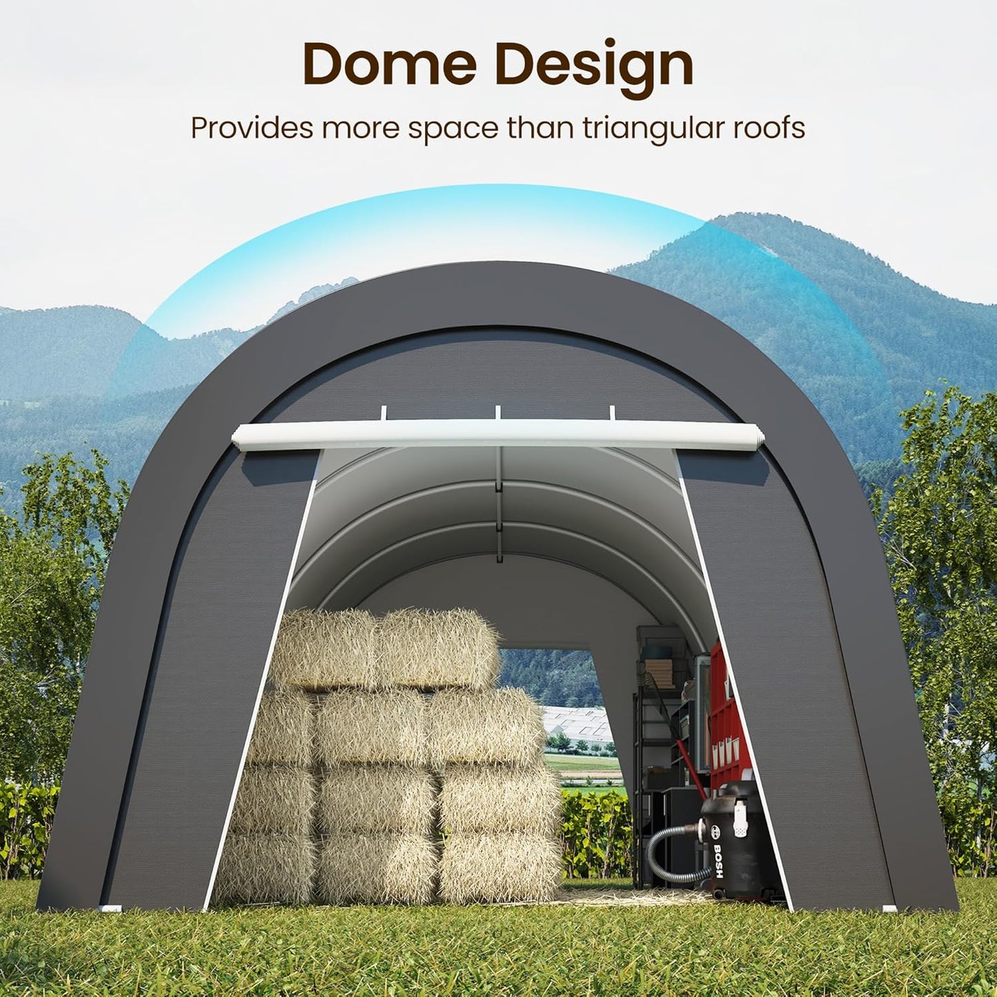 Kiss the Water Carport, Round Portable Garage, Steel Heavy Duty Carport with Ground Stakes, Tensioner and 2 Roll Up Windows PE Fabric Car Port, Garage, Storage Shed, Tent for Storage, SUV (12x25 Ft)