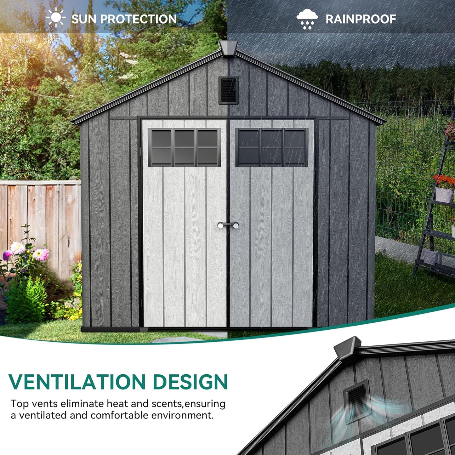 YITAHOME 8x10 FT Outdoor Storage Shed with Floor, Plastic Garden Shed for Bikes, Tools, and Pool Supplies, Outdoor Resin Shed with Lockable Doors, Windows, and Vents for Patio, Lawn, Backyard, Black